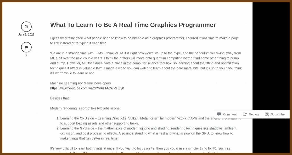 What To Learn To Be A Real Time Graphics Programmer